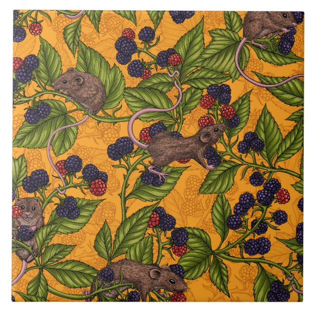 Mice and blackberries on yellow ceramic tile (Front)