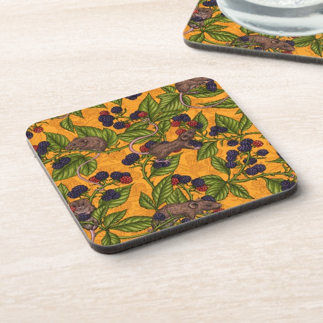 Mice and blackberries on yellow coaster (Left Side)