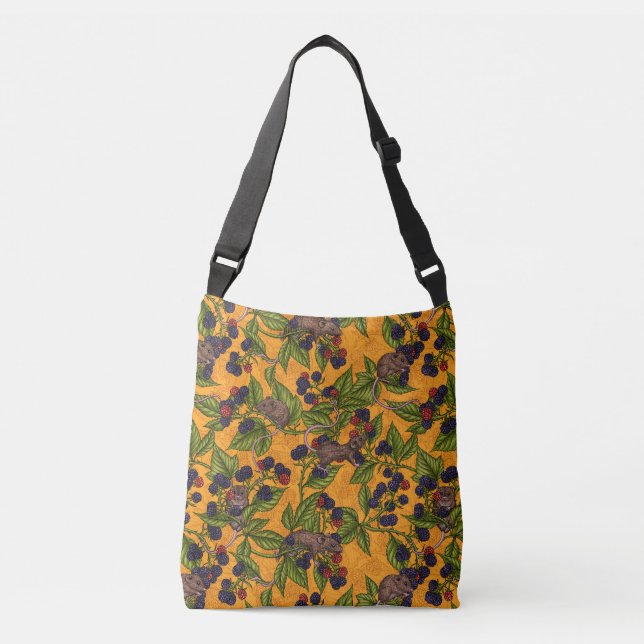 Mice and blackberries on yellow crossbody bag (Front)