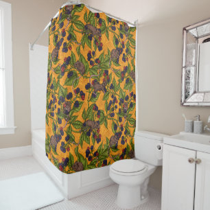 Mice and blackberries on yellow shower curtain