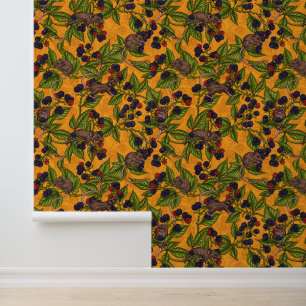 Mice and blackberries on yellow wallpaper