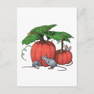 Mice And Pumpkins: Cute Autumn Scene: Art Postcard
