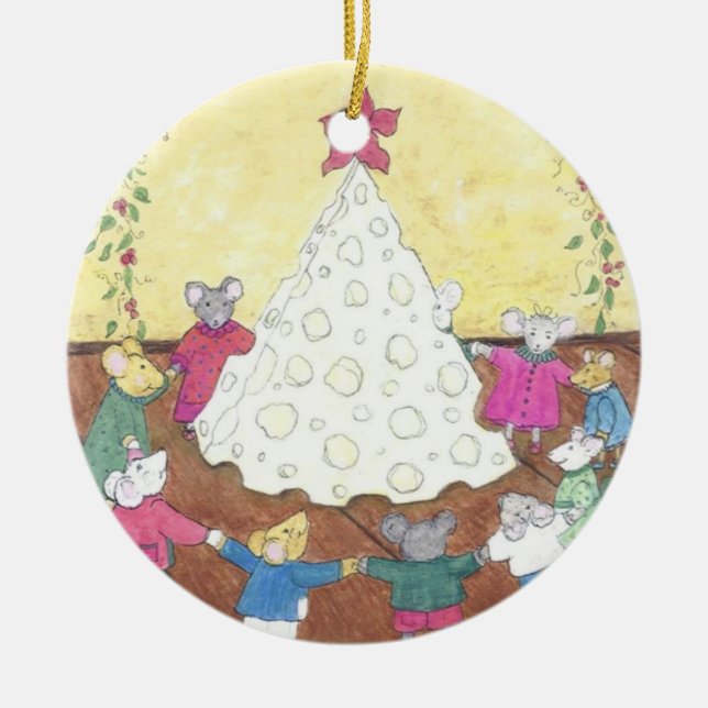 Mice around a Cheese Christmas Tree Ceramic Ornament (Front)