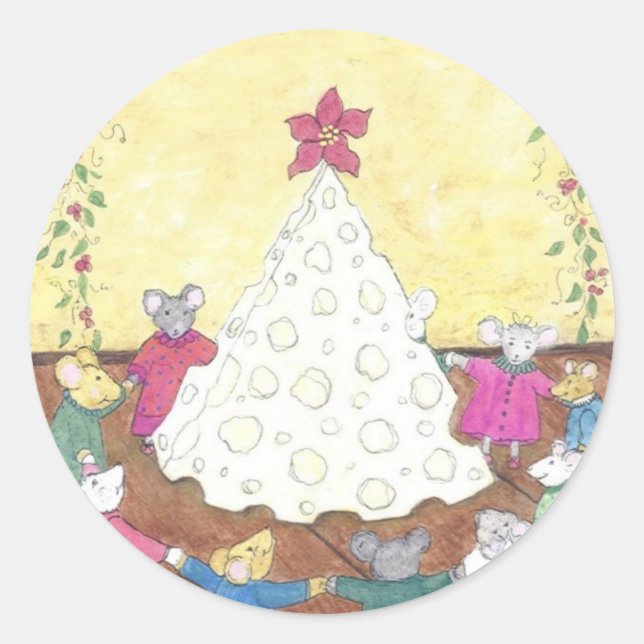 Mice around a Cheese Christmas Tree Classic Round Sticker (Front)