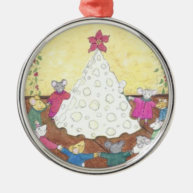 Mice around a Cheese Christmas Tree Metal Tree Decoration (Front)