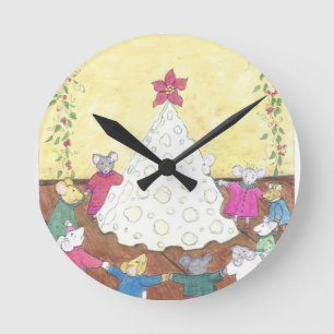 Mice around a Cheese Christmas Tree Round Clock