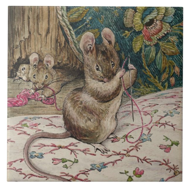 Mice at Work Threading the Needle (Beatrix Potter) Ceramic Tile (Front)