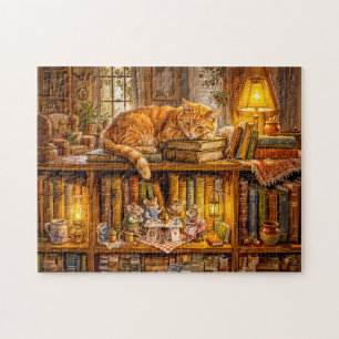 Mice Coffee Gathering in Bookshelf Jigsaw Puzzle