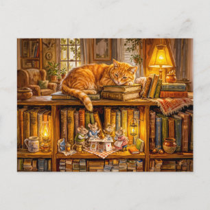 Mice Coffee Gathering in Bookshelf Postcard