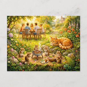 Mice Garden BBQ With Watching Cat Postcard
