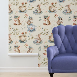 Mice Having a Tea Party Nursery Wallpaper