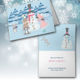 Mice Help Build Snowman Cute Christmas Card