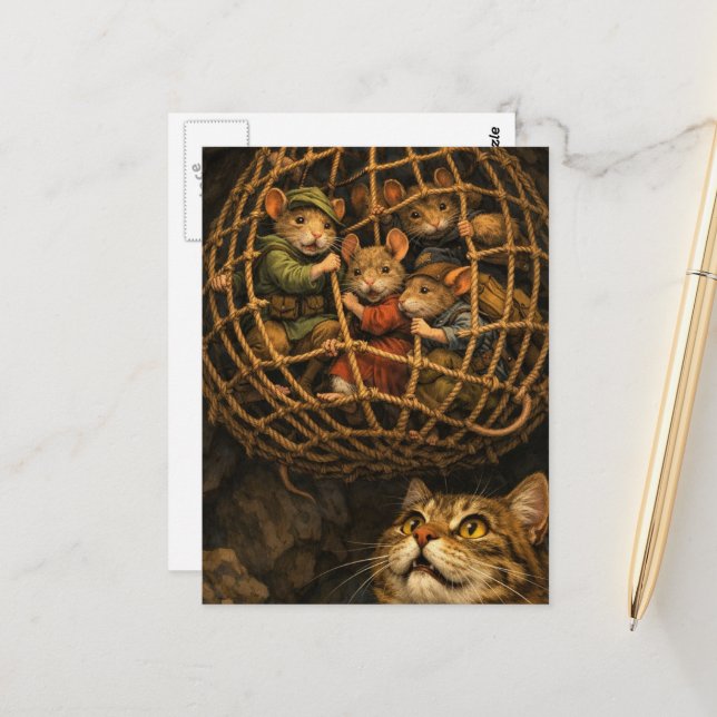 Mice in a trap in a cave with a cat postcard (Front/Back In Situ)