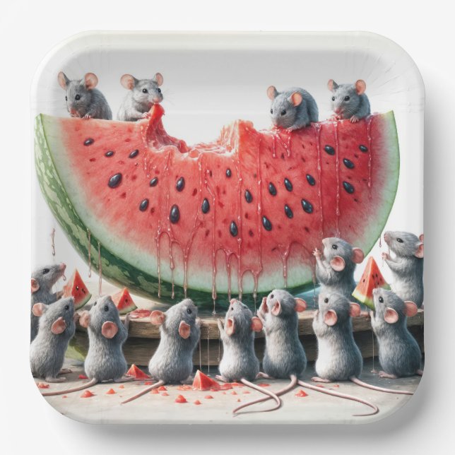 Mice On a Juicy Watermelon Wedge Paper Plate (Front)