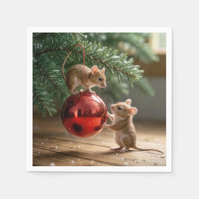 Mice On a Red Christmas Ornament Napkin (Front)