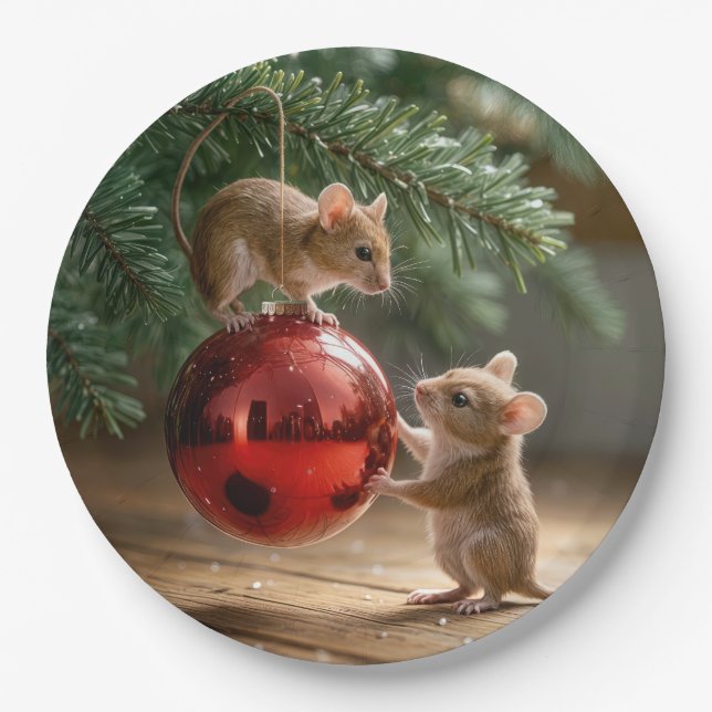 Mice On a Red Christmas Ornament Paper Plate (Front)
