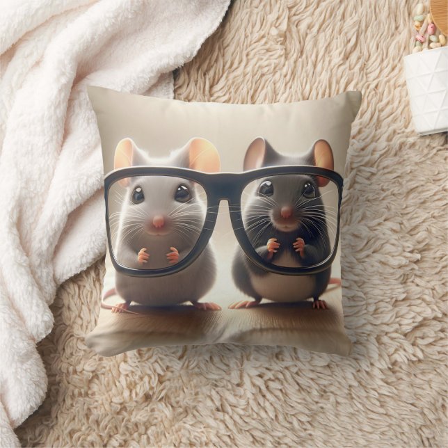 Mice Peering From Behind Black Eyeglasses Cushion (Blanket)