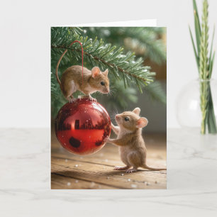Mice Playing With a Christmas Ornament Holiday Card