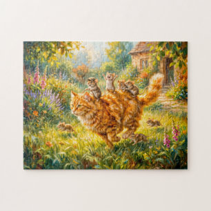 Mice Riding Cat Through Garden Jigsaw Puzzle