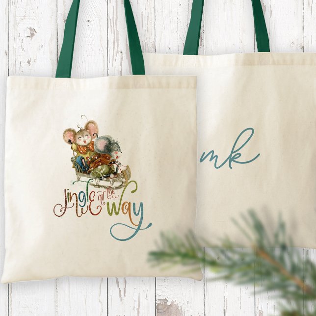 Mice Sleigh Initials Jingle All The Way Glitter Tote Bag (Front and back view - personalise initials on the back)