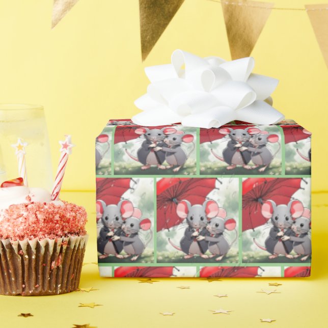 Mice Under a Red Umbrella Wrapping Paper (Birthday Party)
