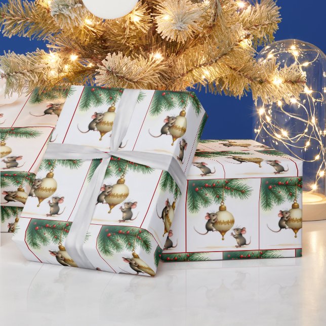 Mice With Gold Christmas Ornament Wrapping Paper (Holidays)