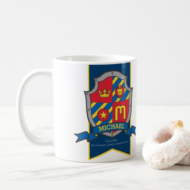 Michael name meaning knight shield red blue bird coffee mug (With Donut)