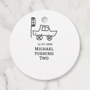 Michael turning two birthday toy car traffic light favour tags