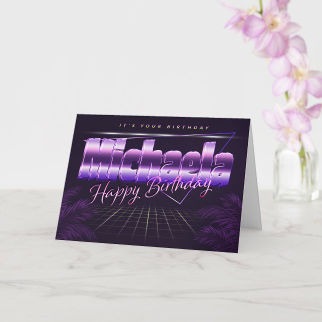Michaela name first name purple retro card birthda (Orchid)