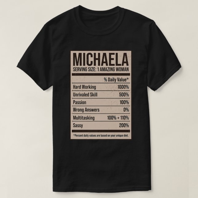 Michaela Nutrition Facts Name Nickname Alias Title T-Shirt (Design Front)