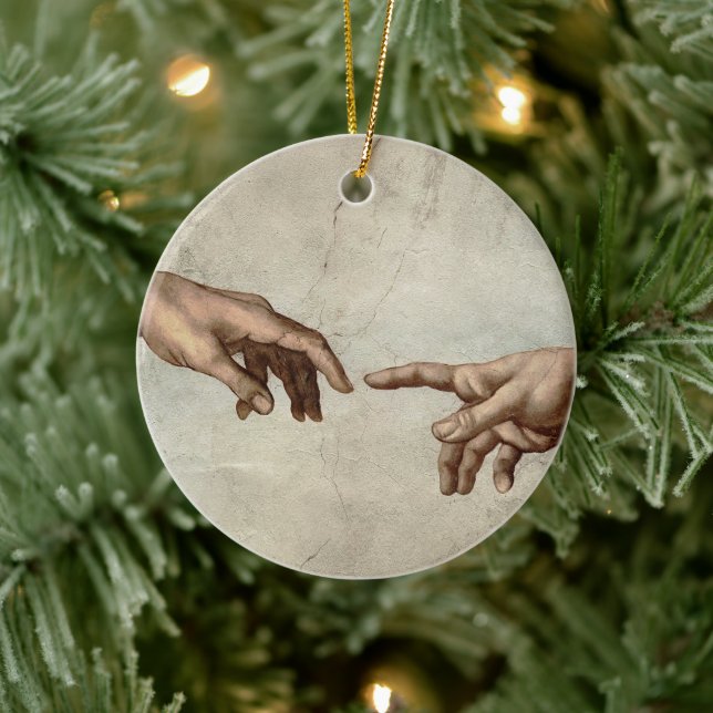 Michaelangelo hands creation adam god ceramic ornament (Tree)