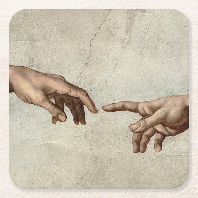 Michaelangelo hands creation adam god square paper coaster (Front)