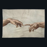 Michaelangelo hands creation adam god tea towel<br><div class="desc">The Creation of Adam by Michelangelo Masterpiece Painting - The Creation of Adam is one of the most famous paintings in the world, created by master artist Michelangelo in Rome. The Creation of Adam is a classic fresco that Michelangelo painted in Rome's Vatican, on the Sistine Chapel, in 1511–1512. The...</div>