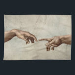 Michaelangelo hands creation adam god tea towel<br><div class="desc">The Creation of Adam by Michelangelo Masterpiece Painting - The Creation of Adam is one of the most famous paintings in the world, created by master artist Michelangelo in Rome. The Creation of Adam is a classic fresco that Michelangelo painted in Rome's Vatican, on the Sistine Chapel, in 1511–1512. The...</div>
