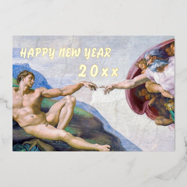 Michelangelo - Happy New Year / Creation of Adam Foil Holiday Card (Front)