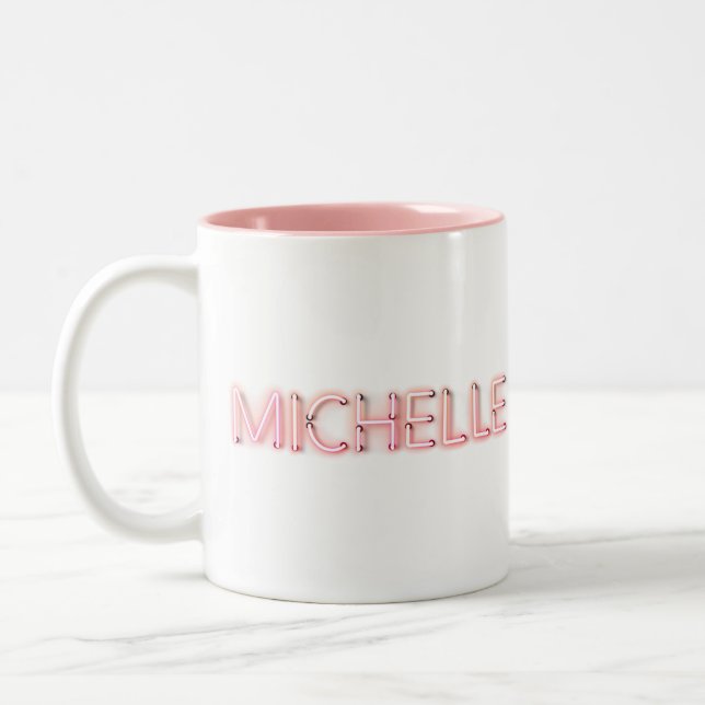 Michelle name in glowing neon lights novelty Two-Tone coffee mug (Left)