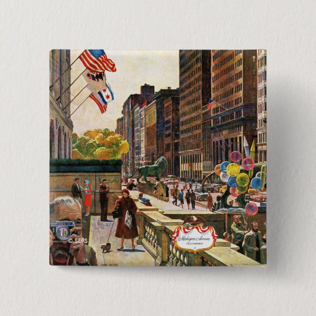 Michigan Avenue, Chicago by John Falter 15 Cm Square Badge (Front)