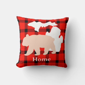 Michigan Bear Home in Buffalo Plaid Cushion