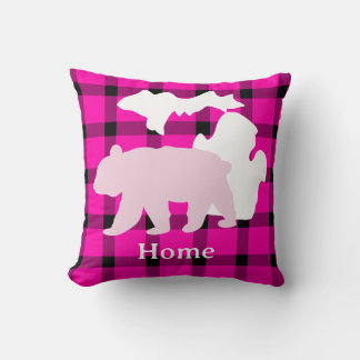 Michigan Bear Home in Buffalo Plaid Cushion