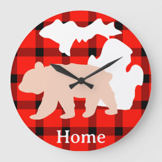 Michigan Bear Home in Buffalo Plaid Large Clock