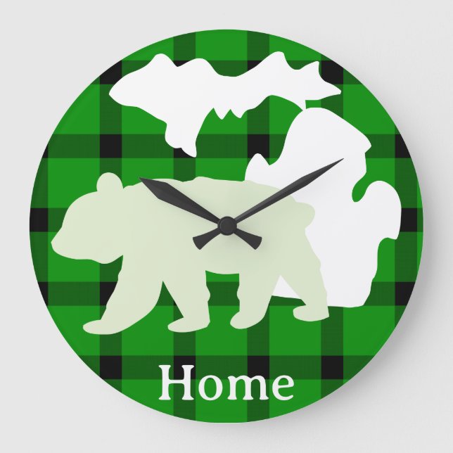 Michigan Bear Home in Buffalo Plaid Large Clock (Front)