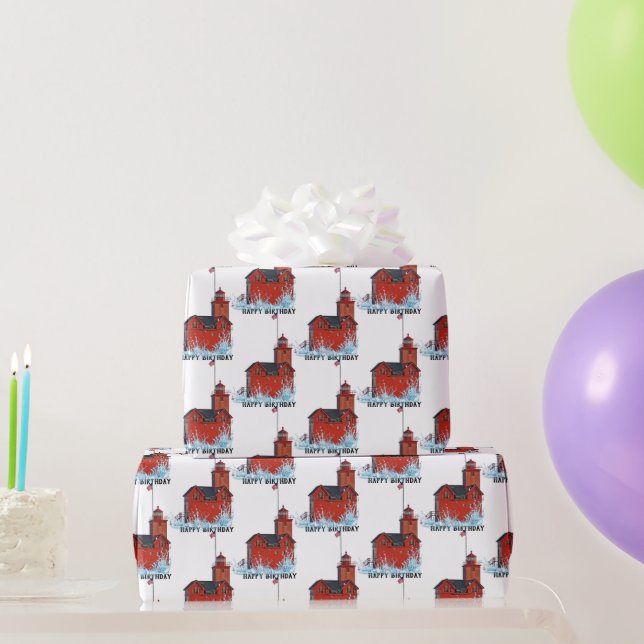 Michigan Big Red Lighthouse Birthday Wrapping Paper (Party Gifts)