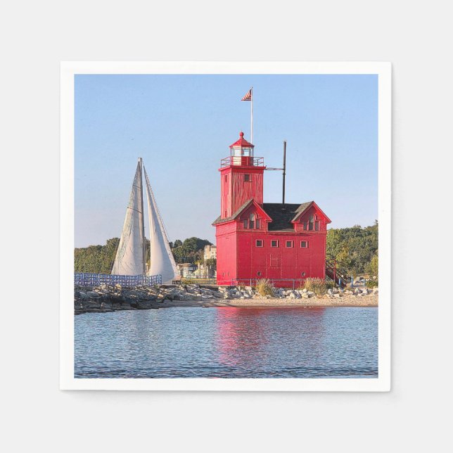 Michigan Big Red Lighthouse With Sailboat Napkin (Front)