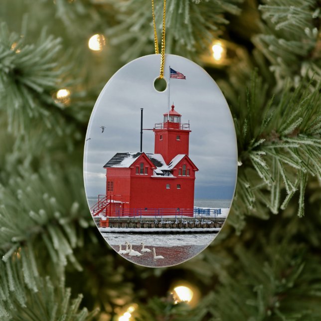 Michigan Big Red Lighthouse With Swans Ceramic Ornament (Tree)