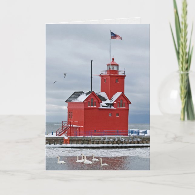 Michigan Big Red Lighthouse With Swans Holiday Card (Front)