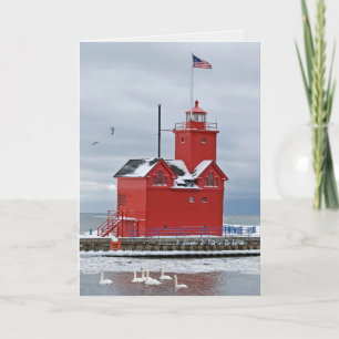Michigan Big Red Lighthouse With Swans Holiday Card