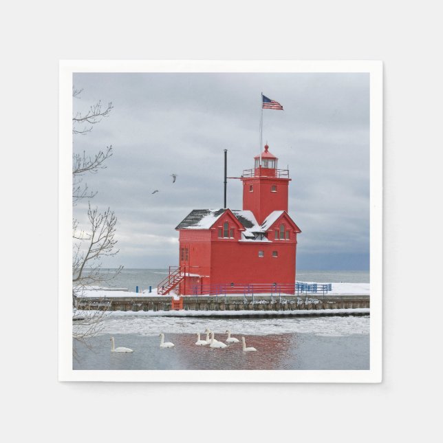 Michigan Big Red Lighthouse With Winter Swans Napkin (Front)