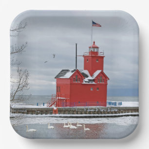 Michigan Big Red Lighthouse With Winter Swans Paper Plate