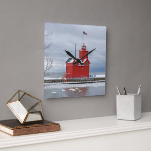 Michigan Big Red Lighthouse With Winter Swans Square Wall Clock
