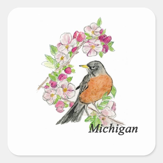 Michigan bird and flower square sticker (Front)